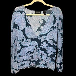 Y2K Blue and Purple Sheer Paisley Print Blouse Size L